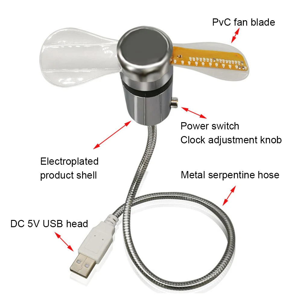 Mini LED Clock Fan – USB Powered Flexible Cooling Fan